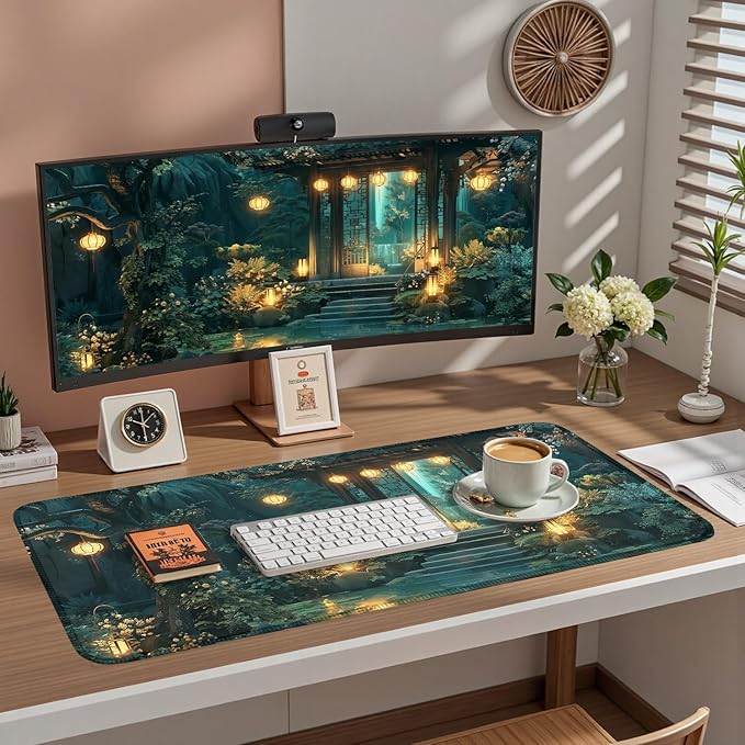 Cozy Anime Mouse Pad- Green Lofi Desk Mat - Cute Desk Decor, XXL-31.5x15.7in- Japanese Aesthetic Keyboard Gaming Mouse Pad-for Desk with Stitched Edges Non-Slip Cozy Office Decor