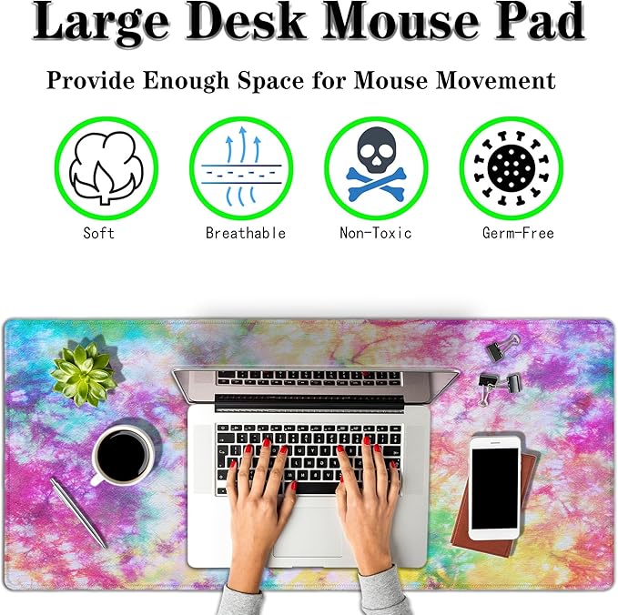 Desk Mouse Pad Rainbow Mats, XXL Mouse Pads Desk Pad for Women Keyboard Big Mousepads, Long Desk Pad Non-Slip Rubber Base, 35.4 X 15.7 inch for Work/Game/Office/Home Splash Tie Dye Pattern
