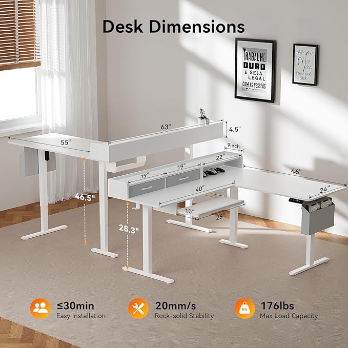 63 Inches Height Adjustable L Shaped Standing Desk with 2 Drawers and Keyboard Tray, Electric Sit to Stand Home Office Comupter Table, Ergonomic Corner Gaming Desk, White