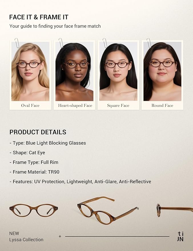 TIJN Lyssa Blue Light Glasses for Women Men,Retro 90s Oval Cat Eye Frame Eyeglasses,Lightweight TR90 Computer Gaming Eyewear