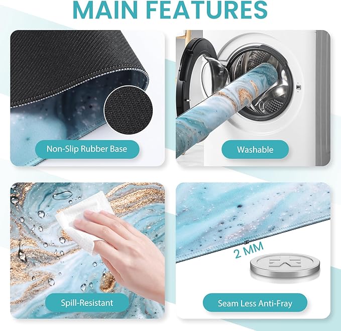 Desk Mat for Keyboard and Mouse, Large Mouse Pad with Wrist Rest and Keyboard Pad, 4PCS Carpal Tunnel Keyboard Wrist Support, Computer Mousepad for Laptop, Teal Blue Turquoise Marble