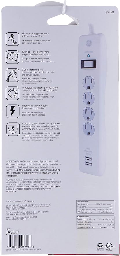 GE Surge Protector, 4 Outlets 2 USB Ports, Extra Long 8ft. Power Cord, White, 25798