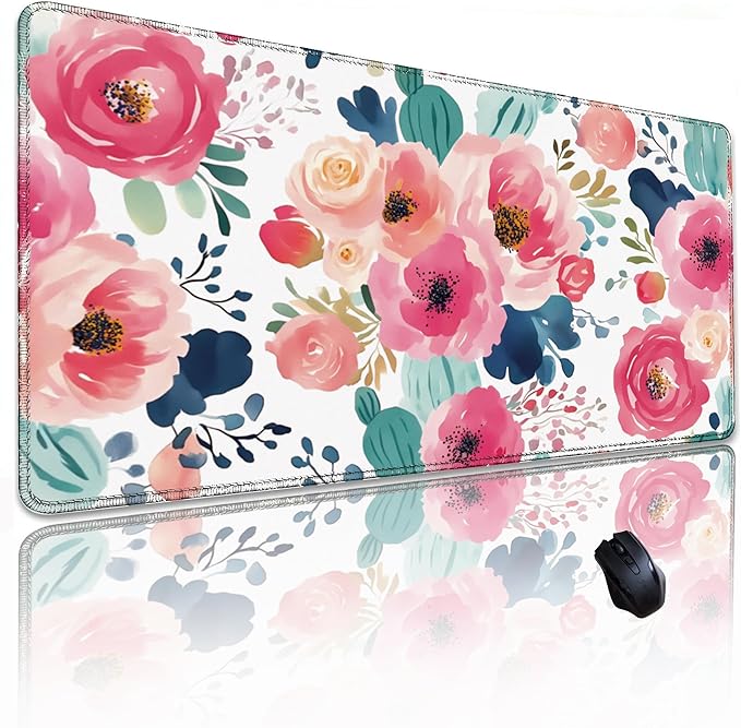 Pink Floral Mouse Pad 31.5x11.8 Inch, Women Girls Flowers Lager Desk mat with Non-Slip Base, Micro-Woven Fabric Stitched Edges for Office Computer Gaming