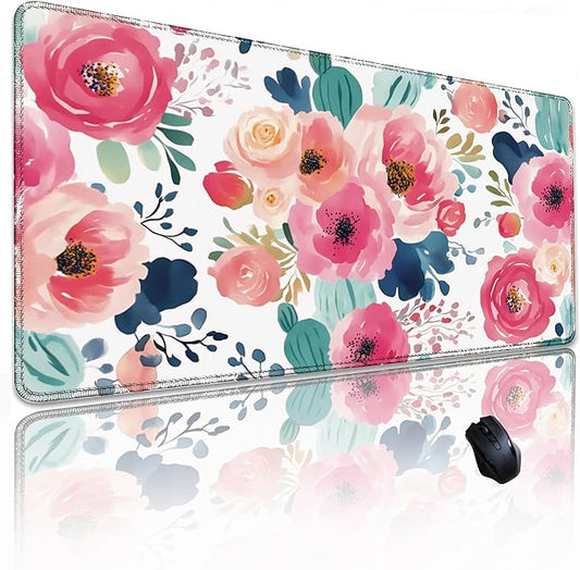 Pink Floral Mouse Pad 31.5x11.8 Inch, Women Girls Flowers Lager Desk mat with Non-Slip Base, Micro-Woven Fabric Stitched Edges for Office Computer Gaming