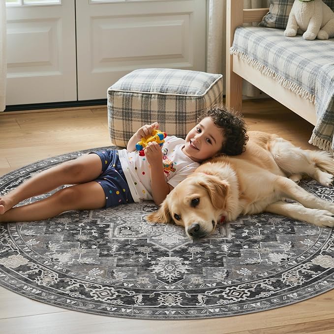 48"x48" Office Chair Mat for Hardwood Tile Floor, Under Desk Carpet Protector for Rolling Computer Chair Mat, Machine Washable Round Area Rug, Anti-Slip 1/5" Thick Low Pile Thin Floor Mat, Black