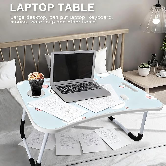 Kawaii Laptop Desk Foldable Kawaii Bed Desk Table Cute Folding Breakfast Tray Portable Lap Standing Desk Notebook Stand Reading Holder for Bed/Couch/Sofa/Floor (Blue)