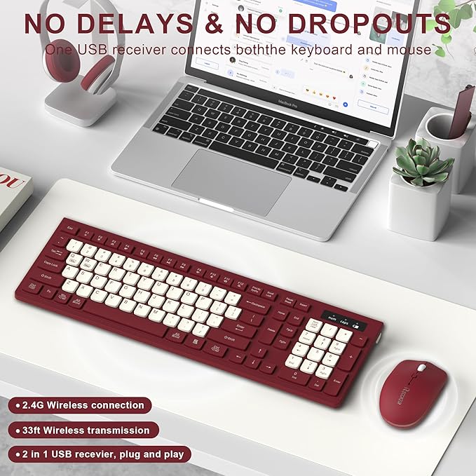 Wireless Keyboard and Mouse Combo, Full-Sized Wireless Keyboard and Adjustable DPI Mouse, 2.4GHz USB Receiver, Keyboard and Mouse for PC, Windows, Desktop, Laptop (Wine Red-B)