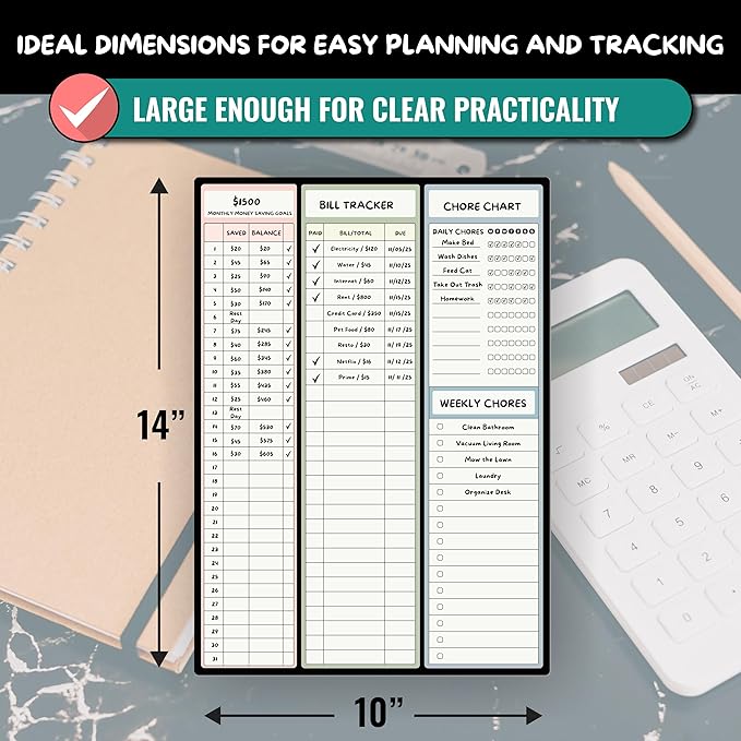 Magnetic Dry Erase Budget Planner and Bill Organizer | 10" x 14" Whiteboard Calendar for Wall or Fridge | Monthly Bill Tracker, Chore Chart, and Family Organizer | Dry Erasable Markers Included