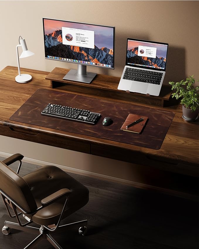 YSAGi Leather Desk Mat, 23.6"x13.8"Real Leather Desk Pad, 2mm Thick Desk Blotter with Stiched line,Oil-Wax Feel Mouse pad and Self-Healing Laptop Pad for Home & Office(Classic Dark Brown)