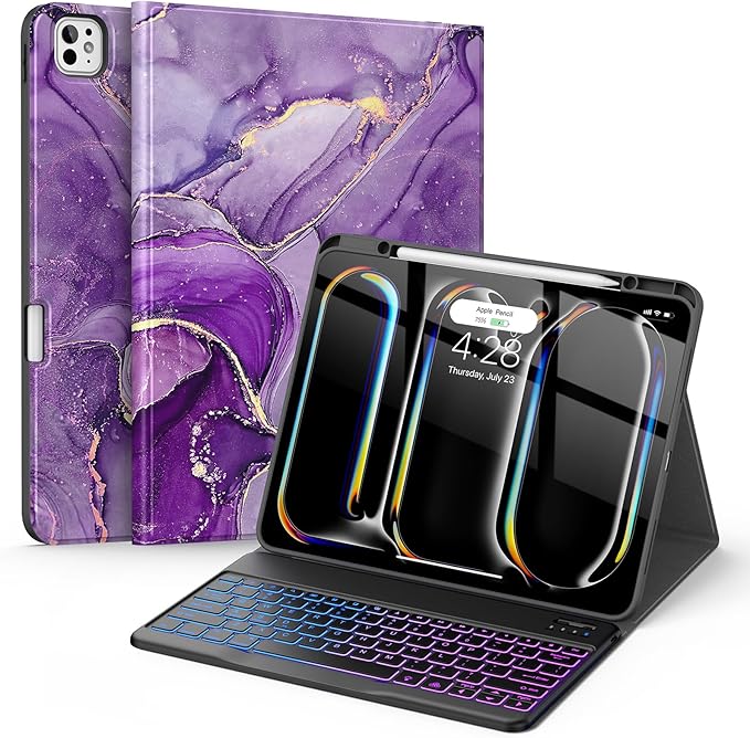 Soke Keyboard Case for iPad Pro 13 Inch (M5 2025/M4 2024), 7-Color Backlit Detachable Bluetooth Keyboard, Folio Stand TPU Back Cover with Pencil Holder for iPad Pro 13", Purple Marble