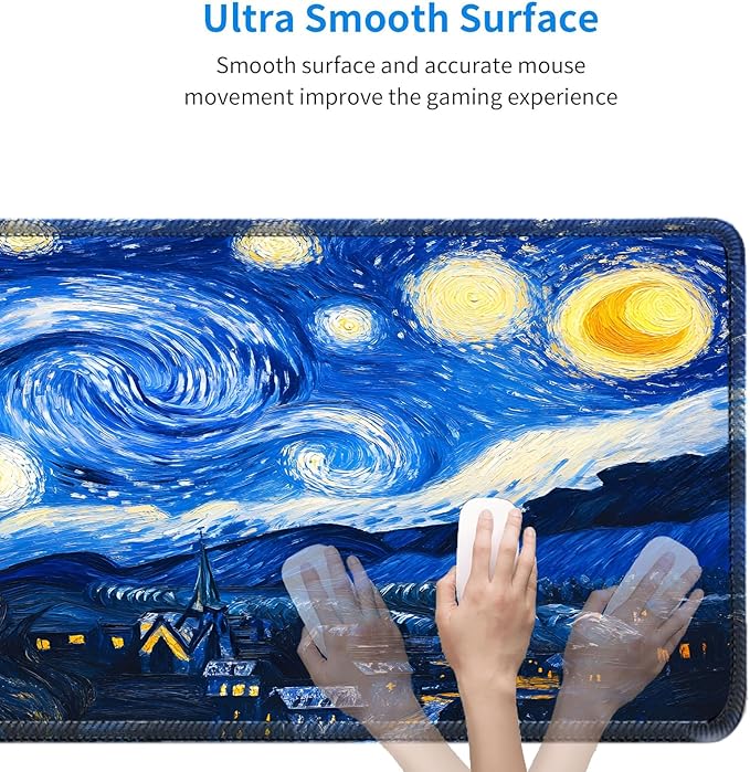 Van Gogh cat Starry Night Mouse Pad, Large Gaming Mouse Mat (31.5x11.8in), Micro-Woven Cloth Surface, Non-Slip Rubber Base, Machine Washable, for Office & Home