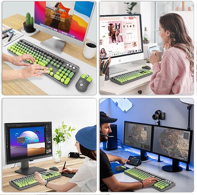 Wireless Keyboard and Mouse Combo - Cute Colorful Keyboard and Mouse, Retro Typewriter Keyboard with 2.4GHz Plug & Play, for Windows 11/10/7, Laptop, PC (Green)