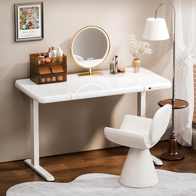 FLEXISPOT Comhar Electric Pure Glass Standing Desk with Drawer Desktop & USB Charge Ports, 48" Ergonomic Height Adjustable Sit to Stand Desk for Home Office (White, Glass)