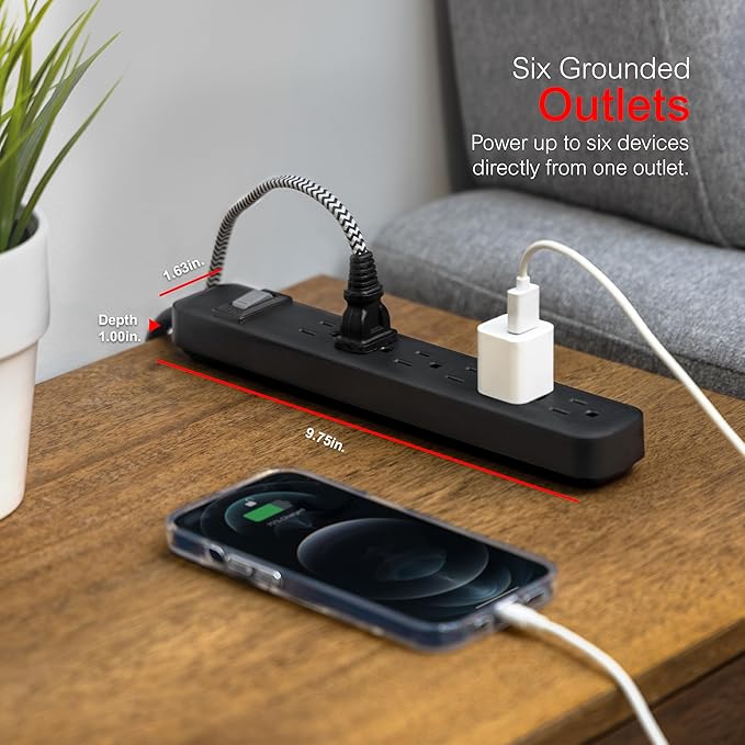 GE 6-Outlet Power Strip, 2 Ft Extension Cord, Heavy Duty Plug, Grounded, Integrated Circuit Breaker, 3-Prong, Wall Mount, ETL Listed, Black, 14831 (Pack of 4)