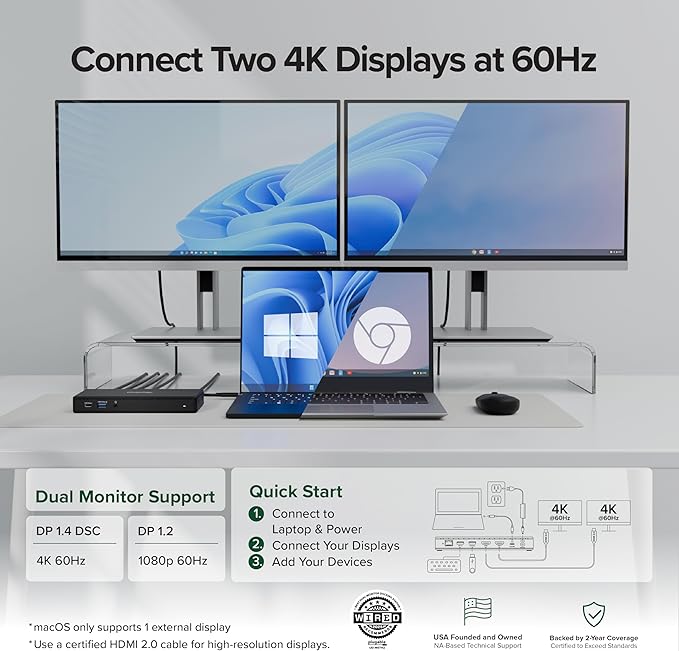 Plugable USB-C Docking Station Dual 4K 60Hz HDMI, 65W Charging, Gigabit Ethernet, 1x USB-C 5Gbps, 3X USB-A, Audio, Windows/ChromeOS, USB-C/USB4/Thunderbolt, Driverless (UD-MSTH2)