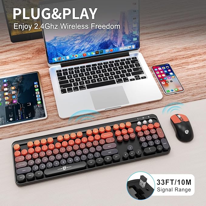 Wireless Keyboard Mouse Combo,Typewriter Cute Retro Style,104 Round Key Colorful Keyboard with Number Pad,Letton Full Size Keyboard Mouse with 3 DPI for PC Laptop Computer-Black Orange