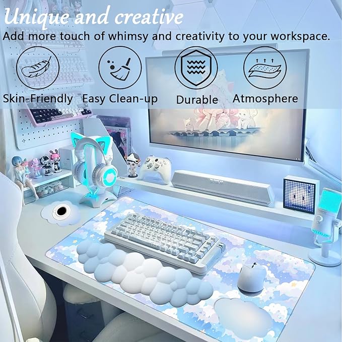 Blue Cloud Mouse Pad and Keyboard Wrist Rest 4PCS Extended Large Stars Desk Mat Pad Set Memory Foam Non-Slip Ergonomic Cute Gaming Mouse Pad Wrist Support for Computer Laptop Home Office