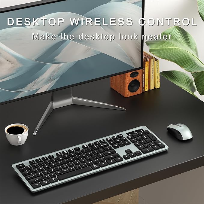 Wireless Keyboard and Mouse Combo, Full-Size 104-Key Office Keyboard with 15 Function Keys, Numeric Keypad, Single USB Receiver, Compatible with PC and Laptop(Gray)