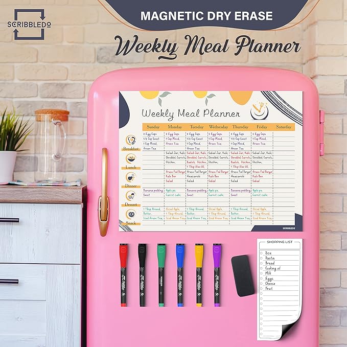 Weekly Meal Planner Dry Erase 13"X17” Magnetic Diet Planner for Fridge Whiteboard Menu Planner Shopping Grocery List Refrigerator White Board Dry Erase Magnet Monthly Menu Board for Kitchen 6 Markers