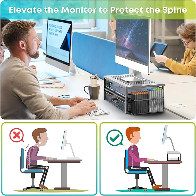 2 Tier Computer Monitor Stands with Drawer and 2 Pencil Holder, Metal Monitor Stand, Office Desk Accessories Workspace Desktop Organizers for Office Supplies, Black