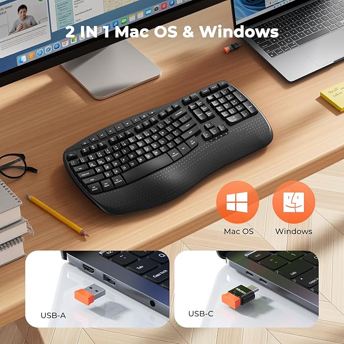 MEETION Wireless Ergonomic Keyboard, Wave Keys Wrist Rest for Natural Typing, 2.4G USB-A Cordless Receiver and USB-C Adapter, Ergo Computer Keyboard Compatible with Windows/Mac/PC/Laptop, Black