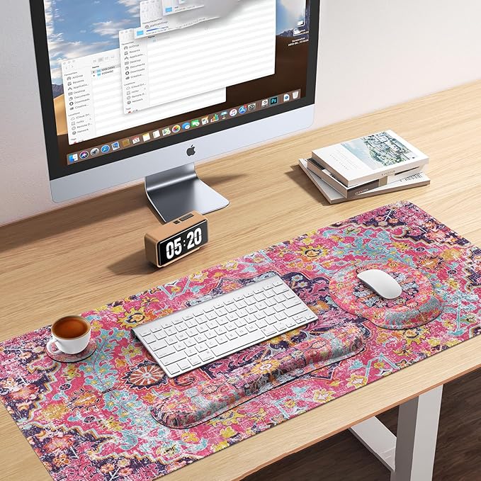 iLeadon Mouse Pad Set, Boho Desk Mat + Mouse Pad with Wrist Rest + Keyboard Wrist Rest + Coaster, 4in1 Mouse and Keyboard Pad Set for Home Office, Rug Fuchsia