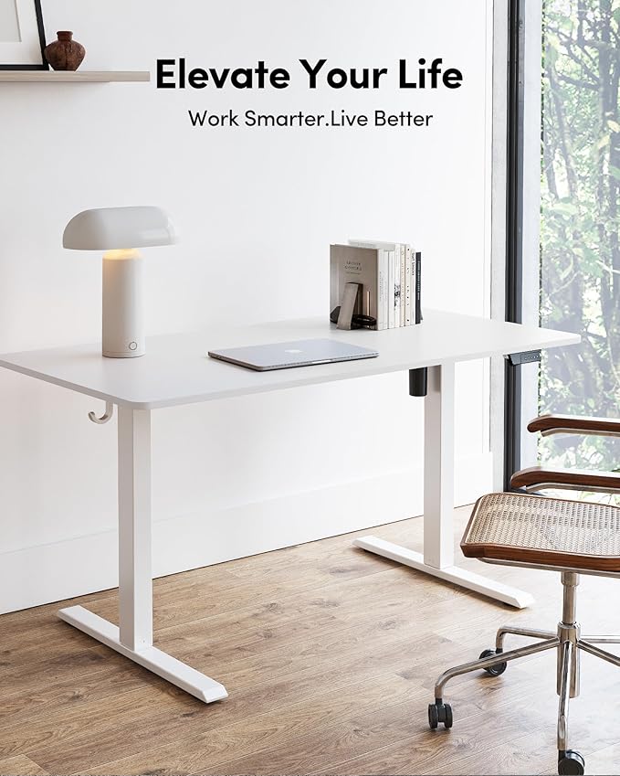 FEZIBO Standing Desk, 55×28 Inches Electric Height Adjustable, Sit Stand Up, Computer Office Desk with Splice Board, While Frame/While TOP