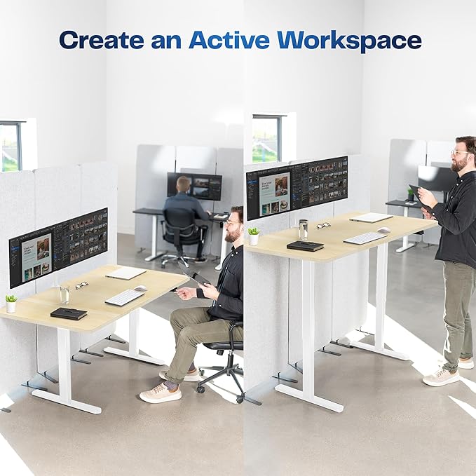 VIVO Electric 60 x 30 inch Stand Up Desk, Height Adjustable, Light Wood Top White Frame, Home and Office Furniture Sets, DESK-KIT-0W6C