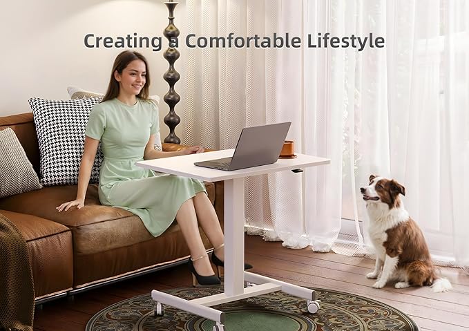 Claiks Mobile Standing Desk, Small Rolling Workstation with Wheels, Pneumatic Laptop Desk for Home Office with Hook, White