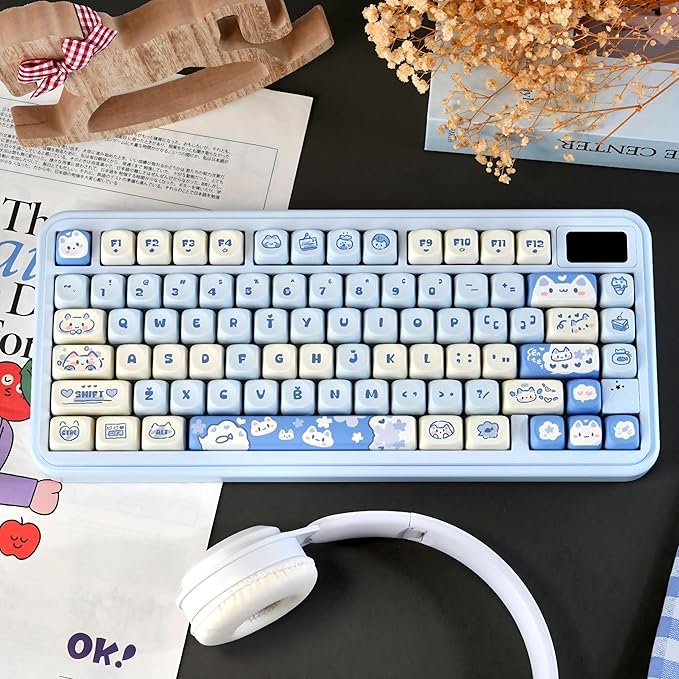 PBT Keycaps - Cute Keycaps Blue White 60 65 75 100 Percent, Kawaii Anime Cat Key caps Custom 130 Keys, MOA Profile for 61/68/84/87/98/100 Cherry Gateron MX Mechanical