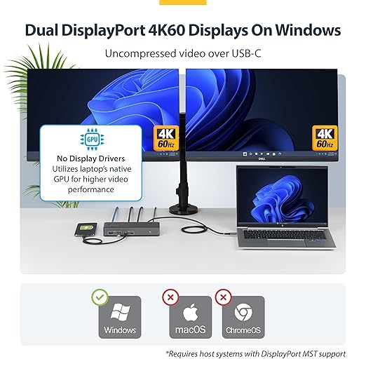 StarTech USB-C Docking Station Dual 4K 60Hz DisplayPort, 100W Power Delivery Charging, 6 USB Ports (10Gbps), Gigabit Ethernet, Driverless Windows Professional Laptop Dock (201N-USBC-DOCK)