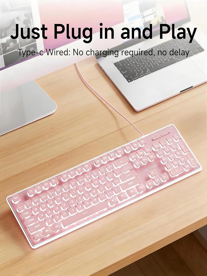 EWEADN GX710S Backlit Computer Keyboards, Wired USB Keyboard with White Backlit, Metal Panel, Plug and Play, Pudding Keycaps Full Size Quite Computer Keyboard for Win/PC/Laptop-Pink
