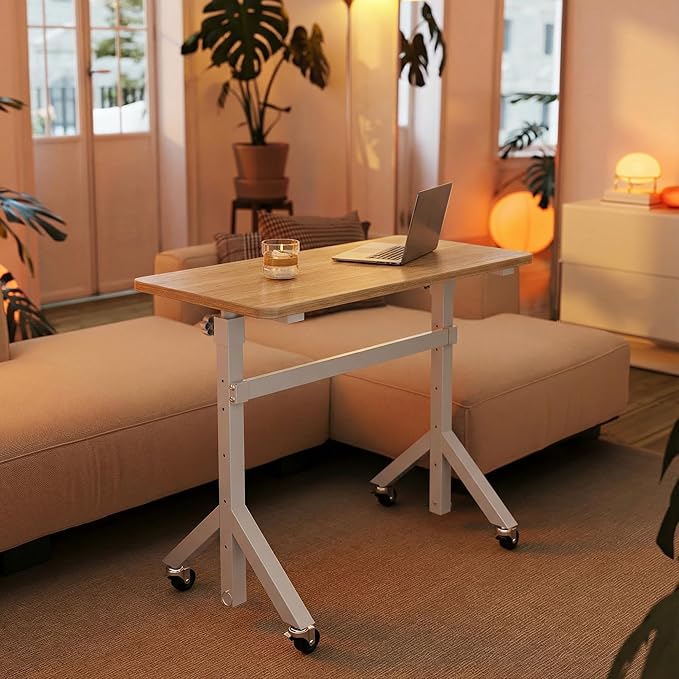 HUANUO 32'' Small Standing Desk with Wheels,28.7"-46.1" Heigh Adjustable Portable Rolling Desks,Mobile Stand Up Desk for Walking Pad and Treadmill,Sit Computer Workstation for Bedroom,Light Walnut