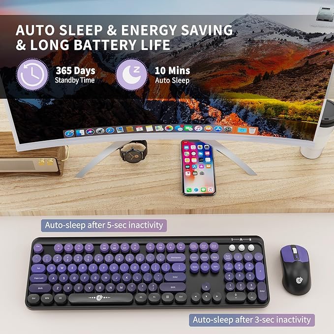 Wireless Keyboard and Mouse Combo - Cute Colorful Keyboard and Mouse, Retro Typewriter Keyboard with 2.4GHz Plug & Play, for Windows 11/10/7, Laptop, PC (Purple Wireless Keyboard and Mouse)