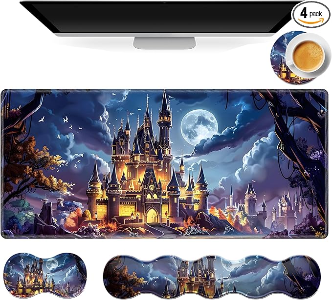 Gaming Mouse Pad Set, Moonlight Fantasy Castle Large Desk Mat Mousepad, Keyboard Wrist Support, Mouse Wrist Rest, Coaster 4in1 Ergonomic Memory Foam, Non-Slip Stitched Edge for Home Office