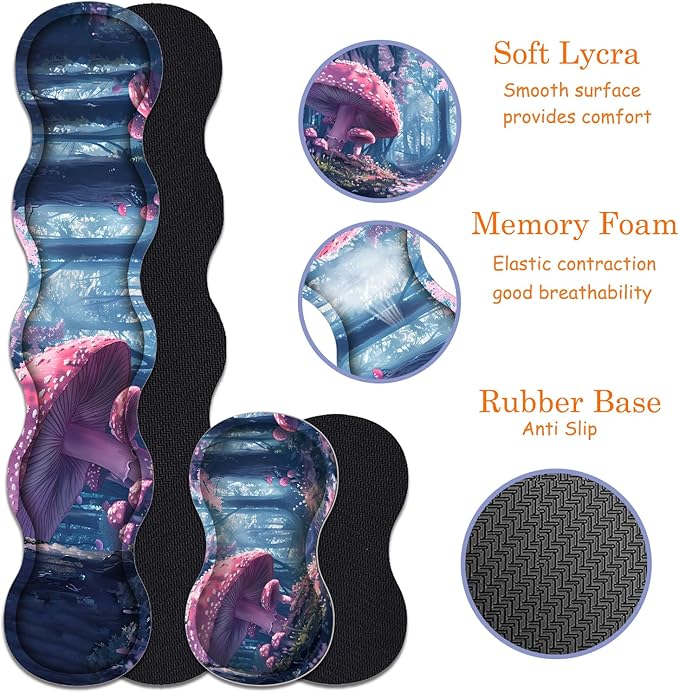 Large Gaming Mouse Pad + Keyboard Wrist Rest + Wrist Support + Coaster Set, Memory Foam Ergonomic for Easy Typing, XXL Extended Gaming Mouse Pad Table Pad - Mushroom Forest