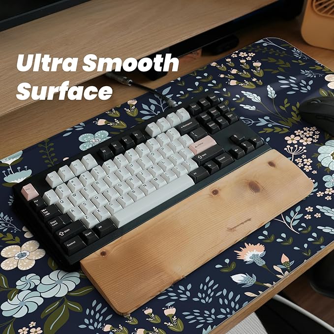 Gaming Mouse Pad, Large 31.5 x 11.8 inches Mousepad, Long Keyboard Pad, Cute Mouse Mat for Computer with Stitched Edges and Non-Slip Base (Black Flowers)