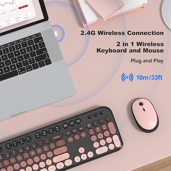 Wireless Keyboard Mouse Combo - Lovely BlackBerry-Gradient Rainbow Full-Sized Typewriter Colorful Keyboards, Round Keycap Plug Play Retro Cute Keyboards for Windows, Laptop, PC, Desktop, Computer