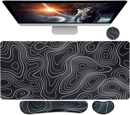 Bloss Mouse Pad with Wrist Rest, 4PCS Desk Mat and Wrist Support for Keyboard, Large Desk Pad, Keyboard Pad for Office Work/Home, Black and White Topography (31.5 x 15.7 Inches)