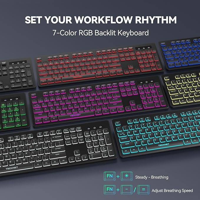 TECKNET Wired Keyboard,Silent USB Keyboard for Office,Spill-Resistant,Slim Full-Size Membrane Layout,Plug and Play for PC/Laptop/Mac-RGB Backlit