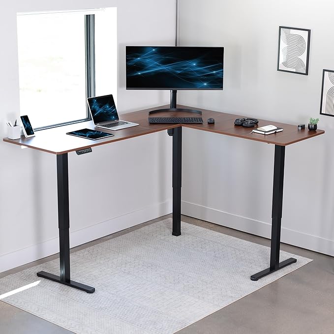 VIVO Corner Standing Desk, 75 x 63 inch Reversible L-Shaped Workstation, Electric Height Adjustment, Home, Office, and Reception Rooms, Dark Walnut Table Top Black Frame, DESK-E3CTD-75