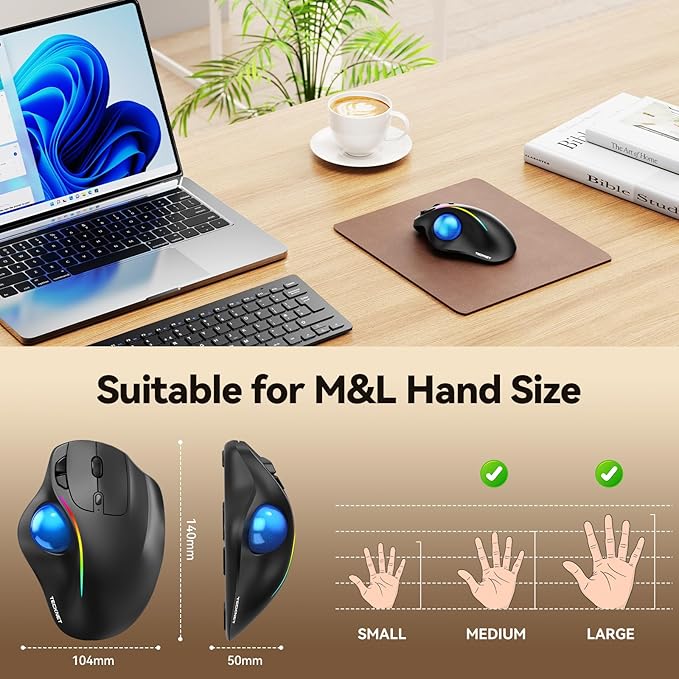 TECKNET Pro Wireless Trackball Mouse, Bluetooth Mouse with Ergonomic Thumb Control, USB-C Rechargeable, RGB Light Mice with Adjustable DPI, 3-Device Connectivity (BT or 2.4G),for PC/Mac/Laptop - Black