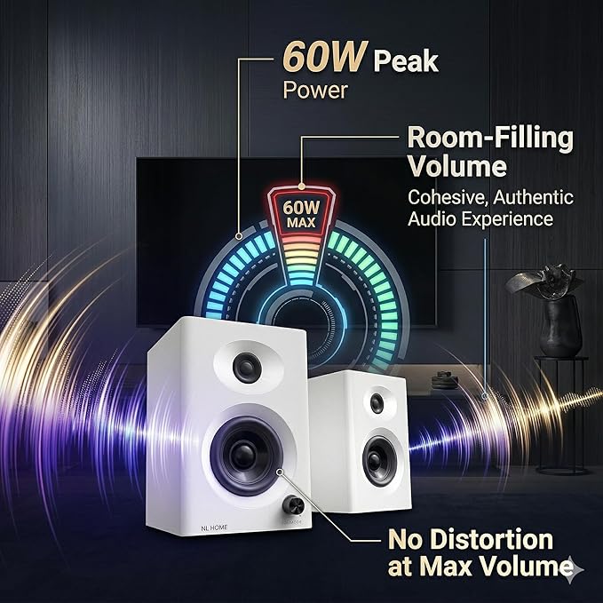 3-Inch Bluetooth 5.3 Computer Speakers for PC, Max 60W RMS Rich Stereo Sound with Good Bass & Clear Highs, Stable Aux/RCA Inputs, for Gaming, Home Office, Studio, White Pair