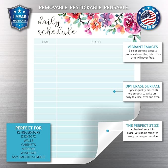Dry Erase Daily Schedule Planner Sticker Decal by Glassboard Studio | Removable & Reusable | Magnetic Fine-Tip Marker Included (9 x 12 inches, Floral)