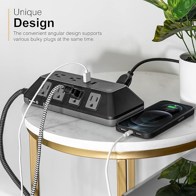 GE UltraPro Adapt 10-Outlet Surge Protector with USB Ports, 2 USB-A Ports, 2.4A, 12W, 4ft Braided Cord Power Strip Surge Protector, 3540 Joules, Black, 73775