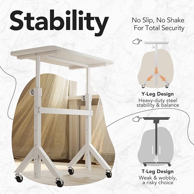 HUANUO 32'' Small Standing Desk with Wheels,28.7"-46.1" Heigh Adjustable Portable Rolling Desks,Mobile Stand Up Desk for Walking Pad and Treadmill,Sit to Stand Computer Workstation for Bedroom,White