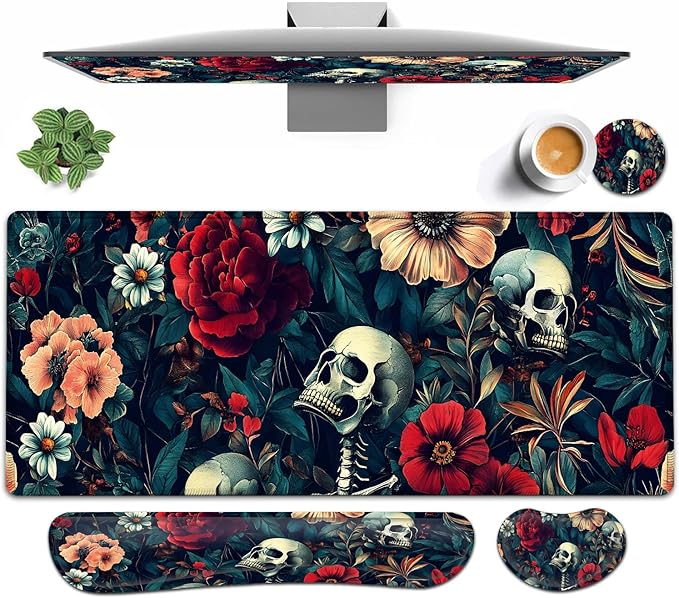 Large Mouse pad and Keyboard Support Set, Ergonomic Memory Foam Keyboard Wrist Rest, Extended Gaming Mouse Pad with Stitched Edges, Skeleton Zone XXL Desk Mat (31.5 X 11.8 in)