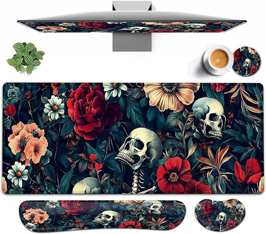 Large Mouse pad and Keyboard Support Set, Ergonomic Memory Foam Keyboard Wrist Rest, Extended Gaming Mouse Pad with Stitched Edges, Skeleton Zone XXL Desk Mat (31.5 X 11.8 in)