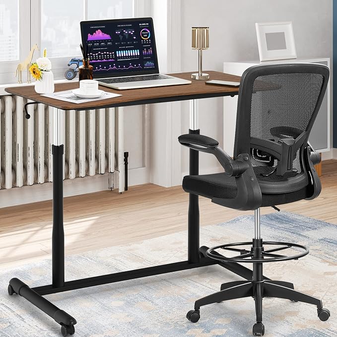 COSTWAY Mobile Height Adjustable Standing Desk, Compact Pneumatic Sit to Stand Computer Desk w/Lockable Casters, Ergonomic Rolling Laptop Table w/Steel Frame for Home Office (Espresso)