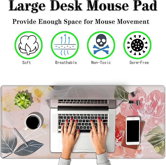 Gaming Mousepad Pink Cute Desk Mat Large Mouse Pads Large Mouse Pad for Woman Keyboard Mouse Pad The Desk Pad Non-Slip Rubber Base 35.4" X 15.7" for Game Office, Floral Watercolor Art